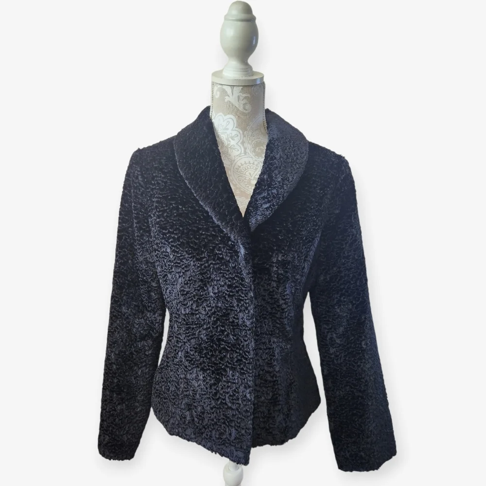 Pursuits Faux Karakul Fur Black Plush Soft Textured Flattering  Coat Sz 10